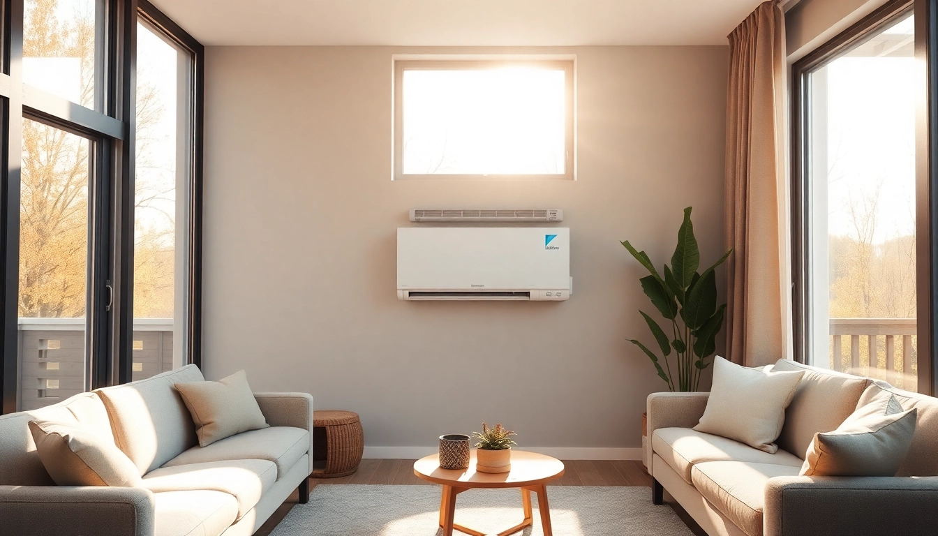 Installing Daikin mini split AC in a stylish living space with warm lighting.