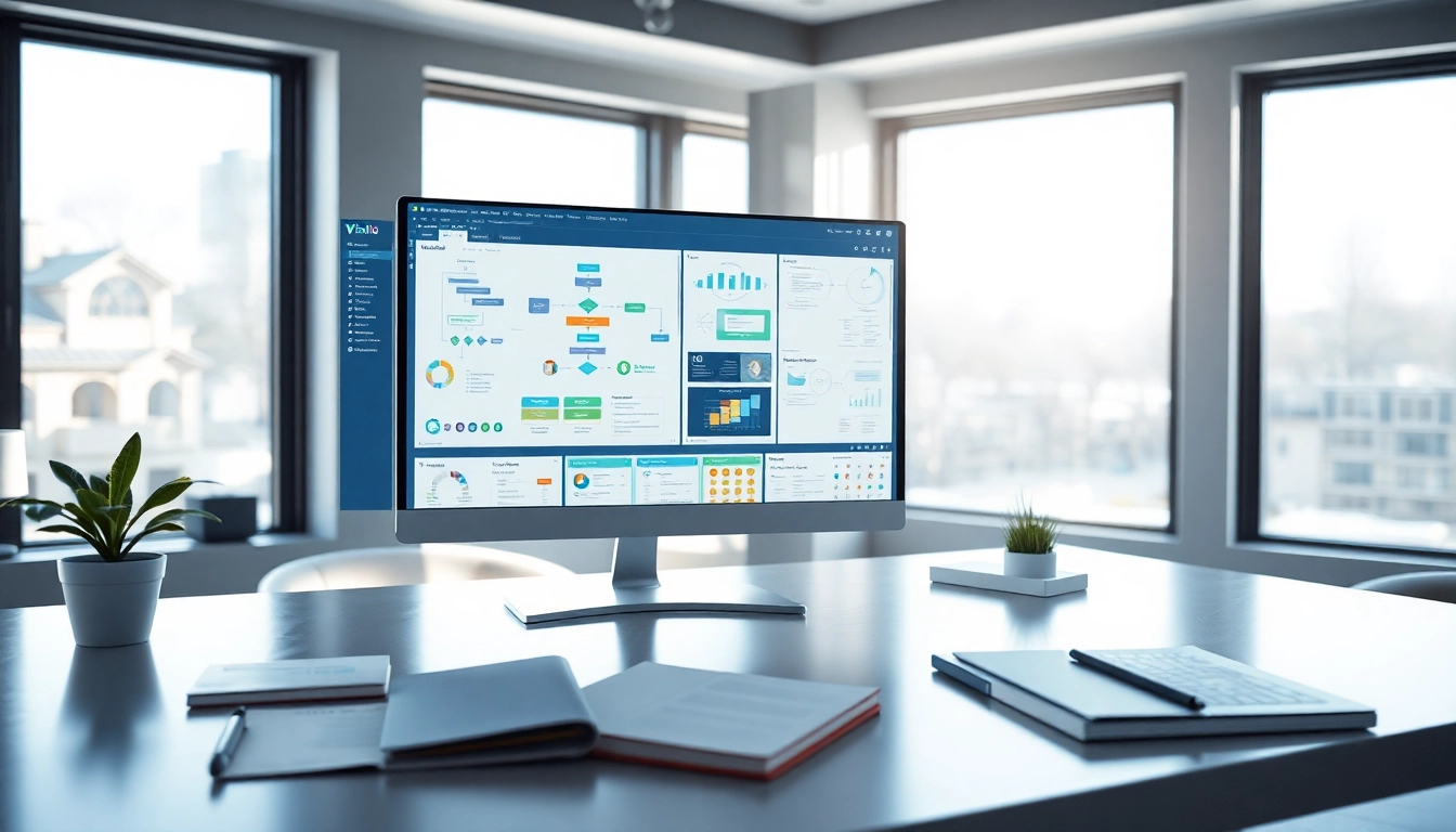 Showcase Vislio software with vibrant flowcharts, emphasizing a modern workspace.
