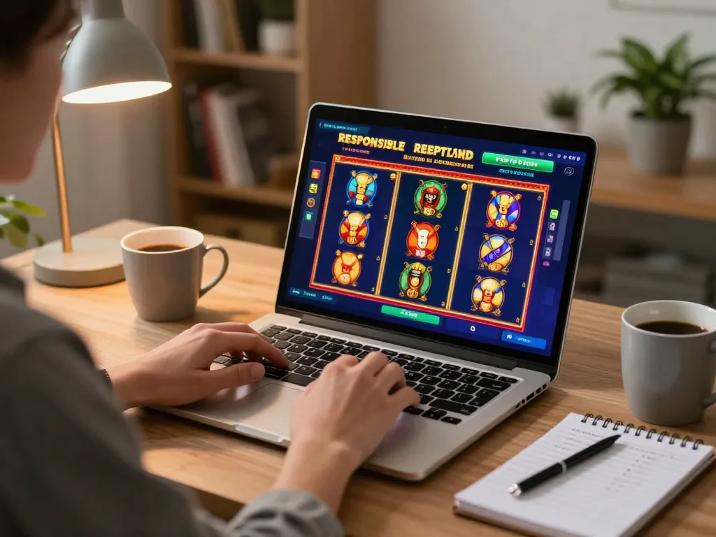 Engaging in situs slot gacor on a laptop at home, showcasing vibrant gameplay excitement and strategic betting.