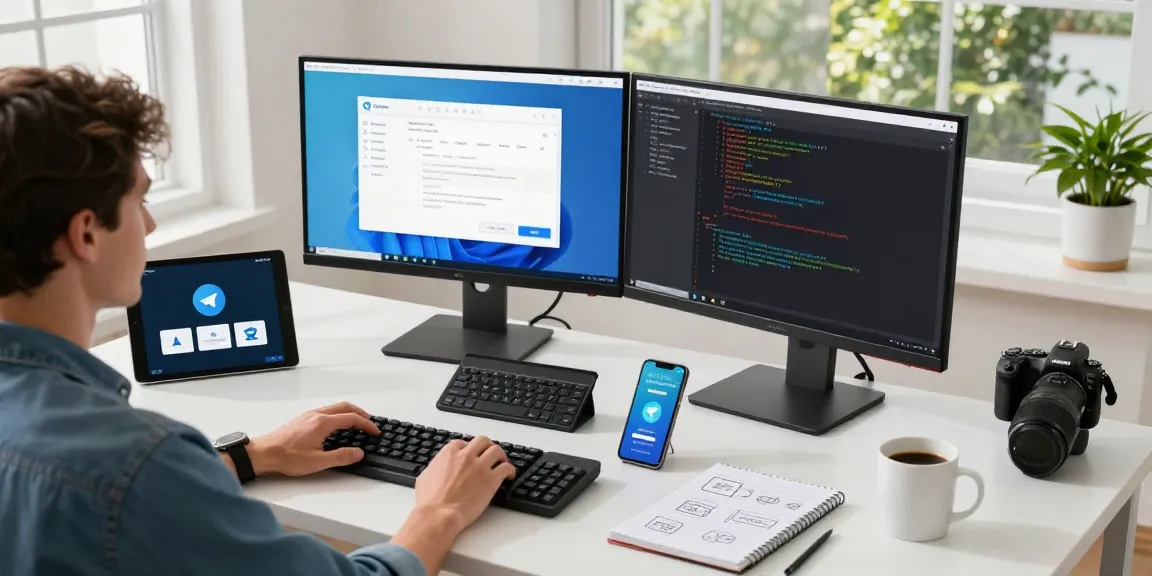 Professional developer using 纸飞机中文版 in a modern workspace with multiple screens and tech gadgets.