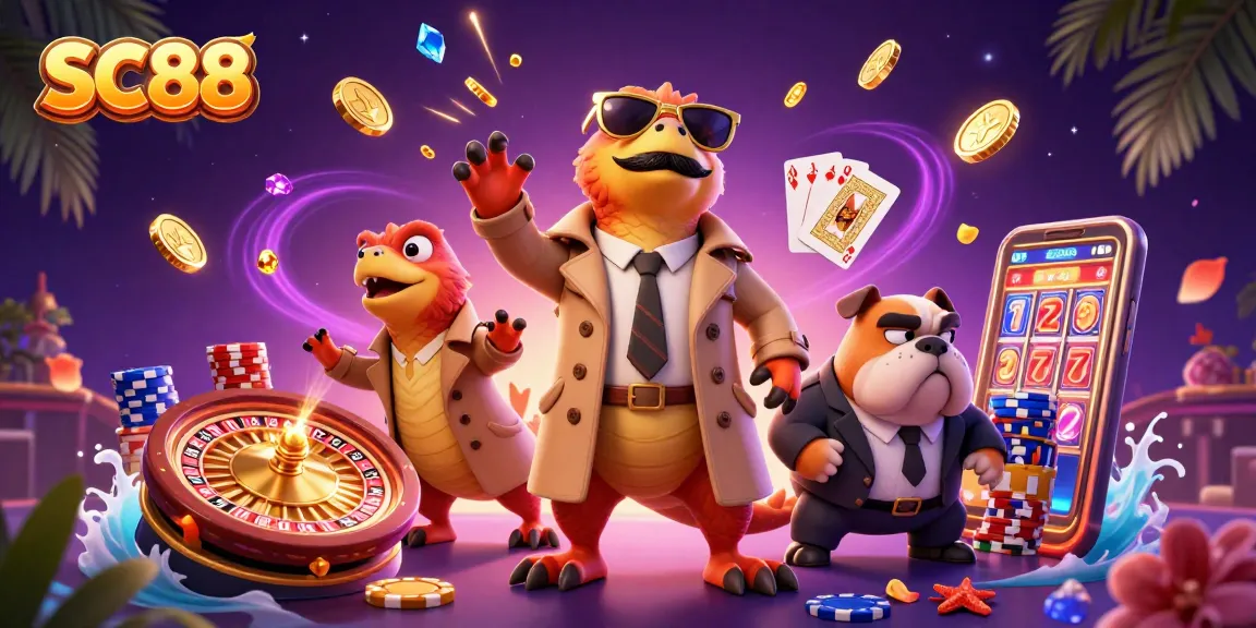 Raptors in a trench coat enter SC88 casino, baffling a bouncer with a glamorous scene.
