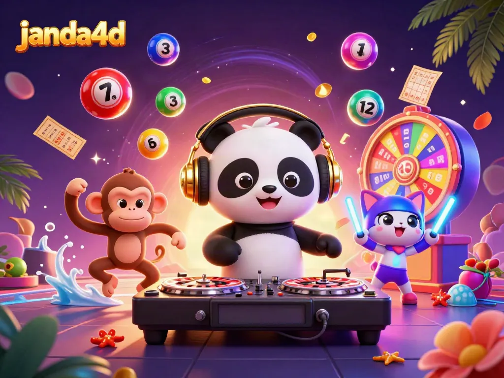 Permainan seru di JANDA4D, dengan karakter 3D DJ panda dan teman-teman di latar kasino yang meriah.