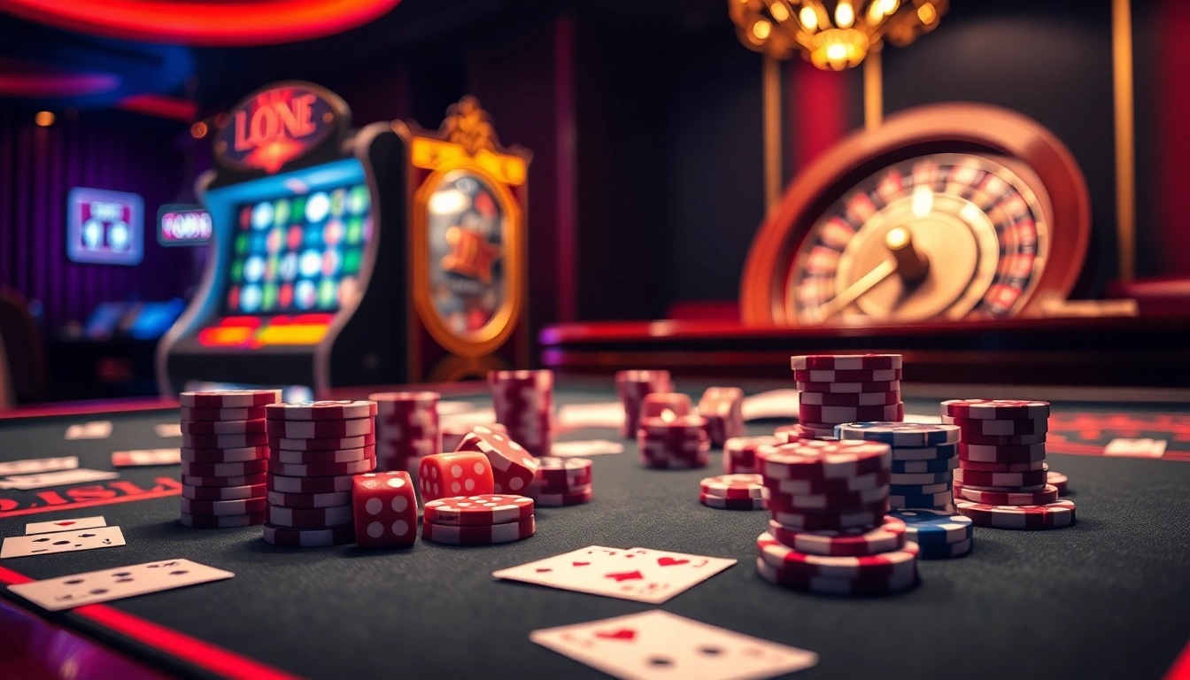 Engaging scene illustrating birutoto gaming with poker chips, dice, and a vibrant slot machine, highlighting the excitement of casino play.