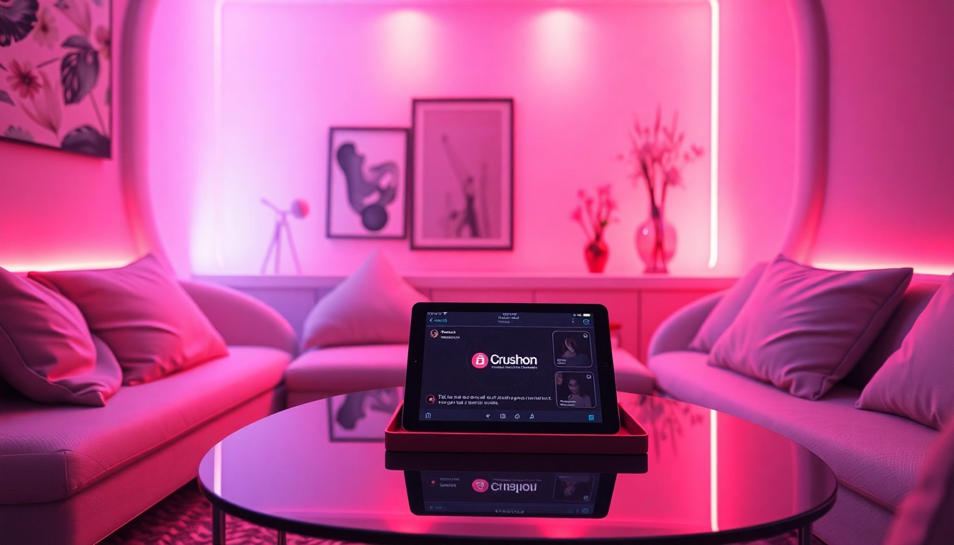 Cozy lounge space for engaging in nsfw ai chat, featuring ambient lighting and a digital tablet.