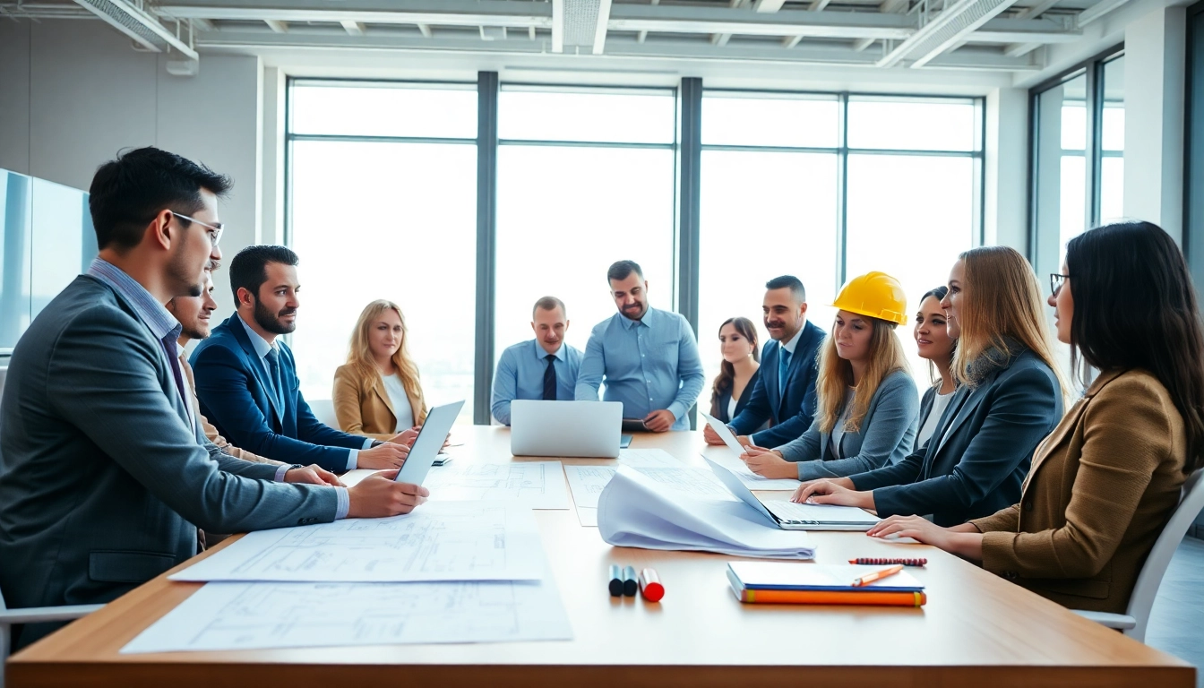 Members of a construction member organization collaborating in a bright conference room.