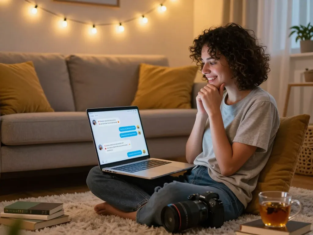 Engaging with sex chat AI in a cozy room, user expressing playful curiosity during a virtual chat.