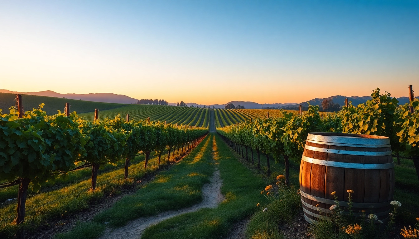 Experience the beauty of northern California wine country with serene vineyard views at dusk.