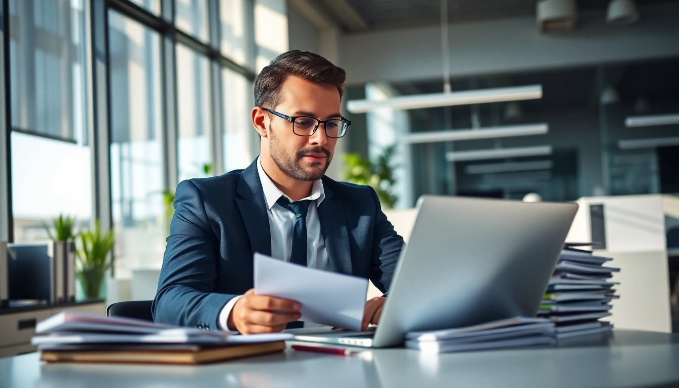 A recruiter analyzing resumes in a professional office setting with modern decor and natural lighting.