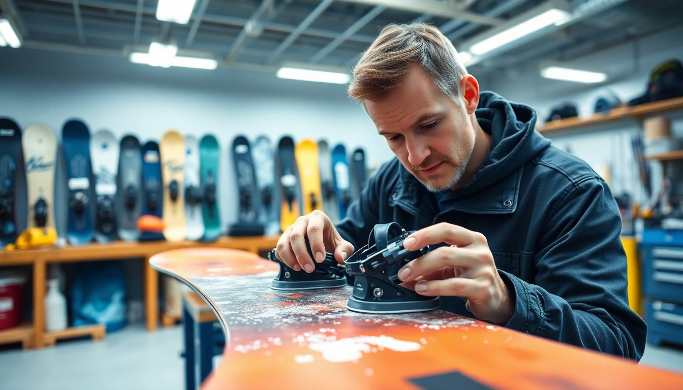 Snowboard binding installation process highlighted by a technician adjusting bindings in a bright workshop.