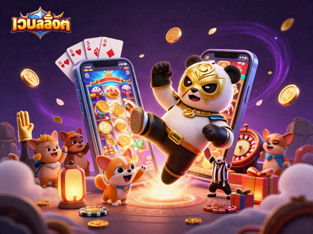 Experience the excitement of เว็บสล็อต with a dynamic scene featuring a panda wrestler and tiny animal fans.
