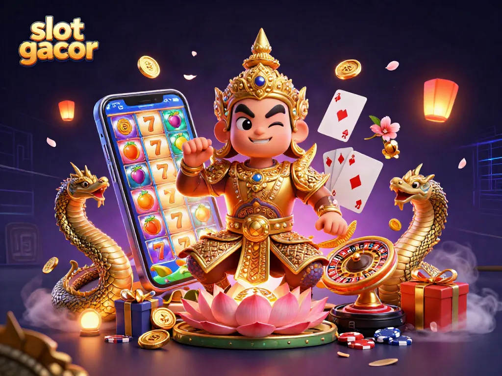Experience the thrills of slot gacor with vibrant casino elements in an energetic 3D scene.