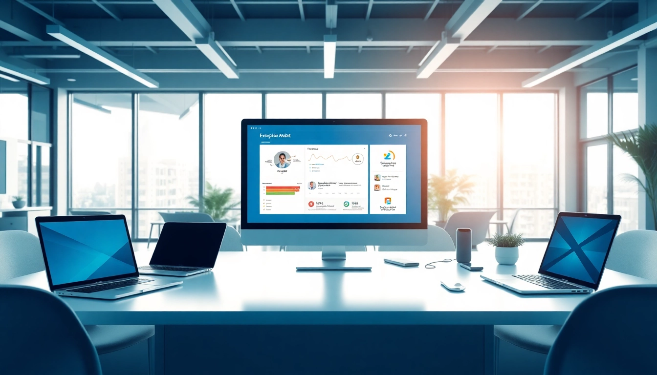 Engaging interface of enterprise assistant software displayed in a professional workspace.