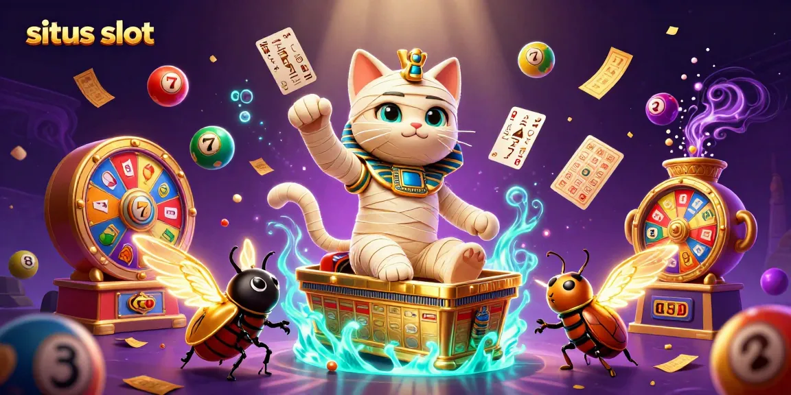 Play popular situs slot with a lively Egyptian theme featuring a mummy cat and vibrant game elements.