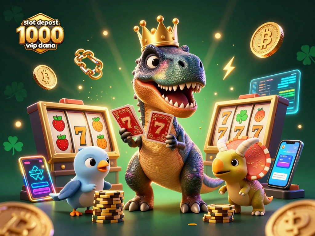 Mengatur slot deposit 1000 via dana, dinosaurus lucu bermain kartu dengan sahabatnya di kasino virtual.