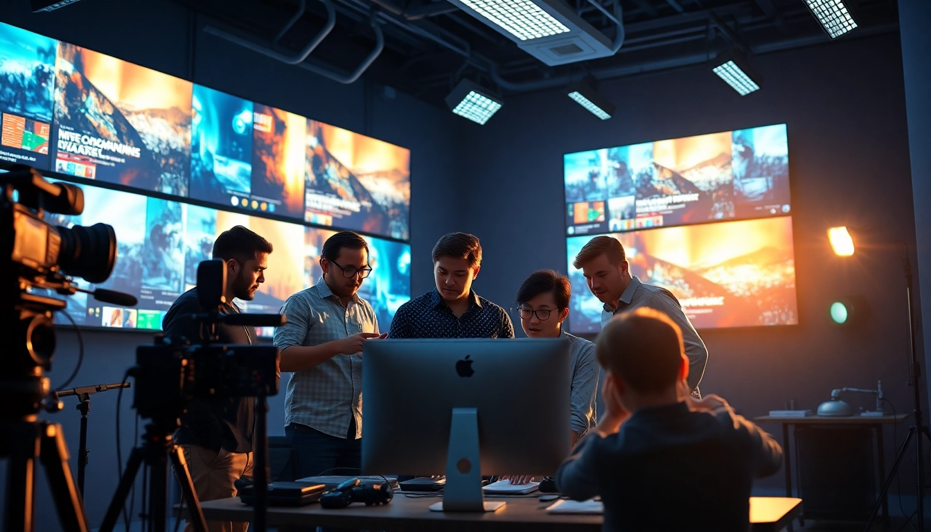 Filmmakers create content at a Creative Video Production Agency studio, showcasing collaboration.