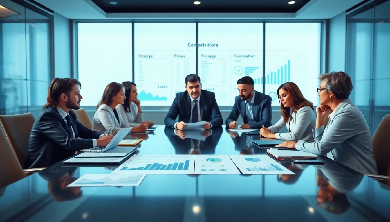Discussing competitor pricing strategies with charts and graphs in a professional boardroom setting.