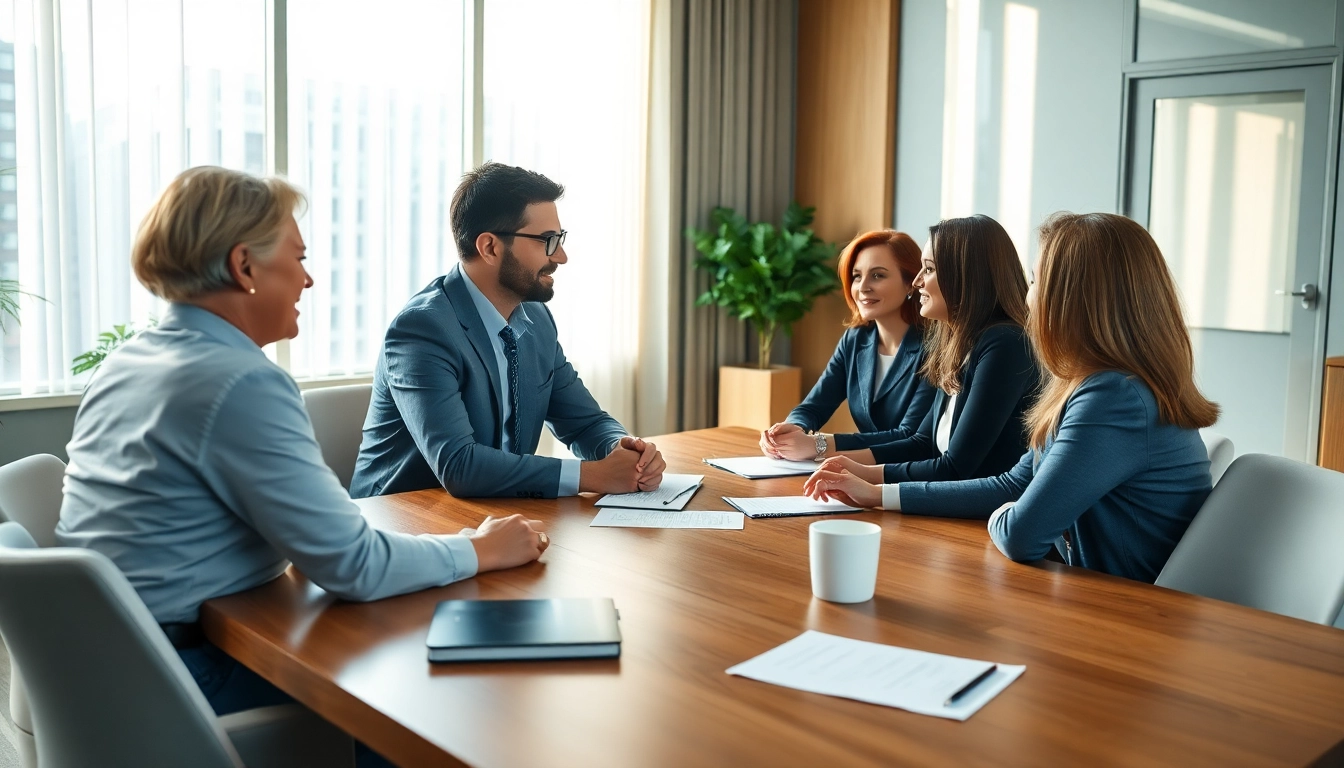 Mediation session with a mediator guiding discussions between diverse participants in a professional environment.