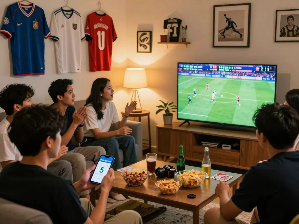 Kèo nhà cái 5 action as friends engage in lively sports betting during a football match.