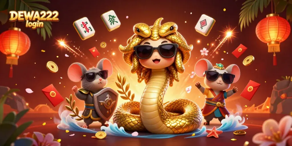 Win with DEWA222 login in this vibrant, dynamic illustration featuring luck and casino symbols.