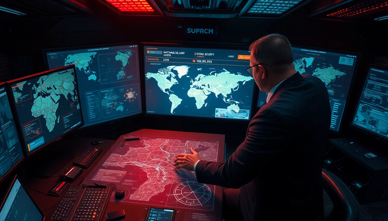 Evaluate National Security Risk in a military command center with high-tech maps and data.