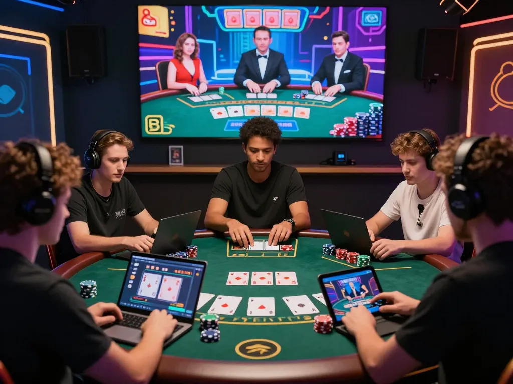 Online baccarat site with diverse players engaging in live dealer action on their devices, showcasing excitement and interaction.
