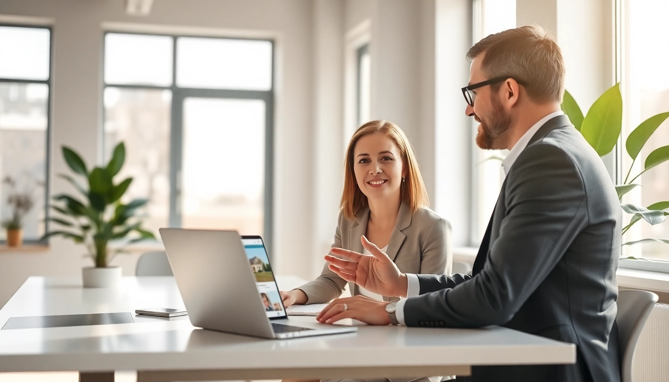 Engaging real estate agent showcases property listings in a modern office.
