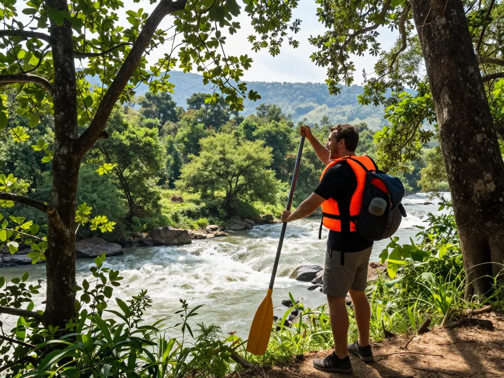 Dandeli adventure seeker paddling excitedly along the lush Kali River, showcasing breathtaking scenery.