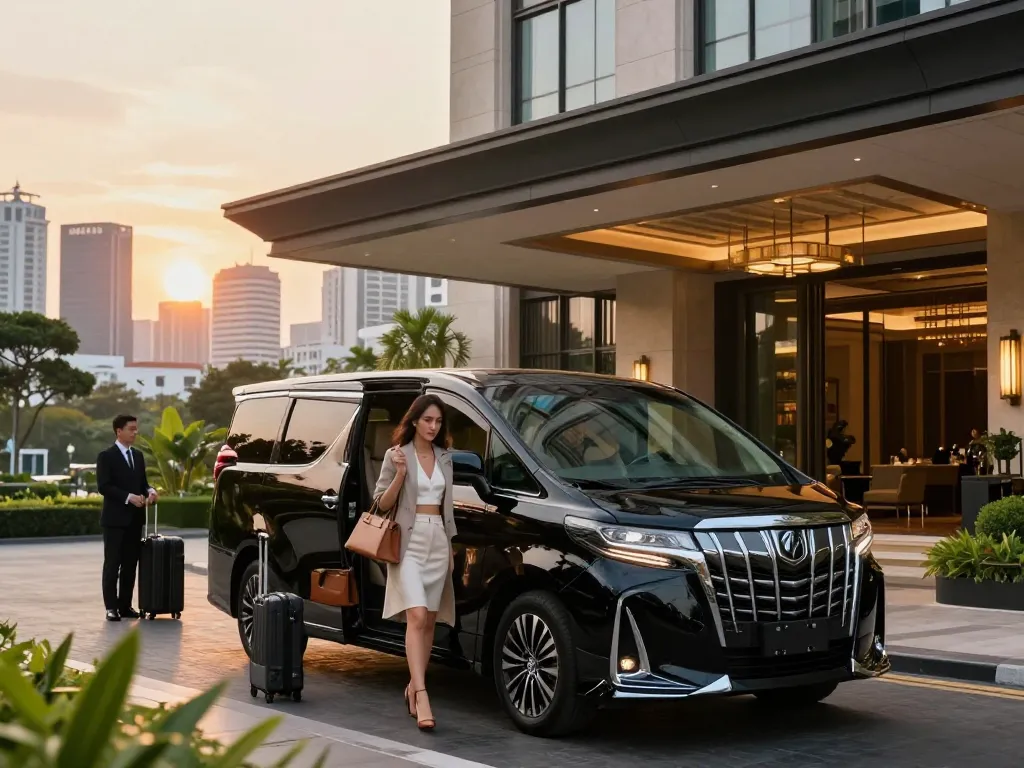 Trải nghiệm du lịch sang trọng với cho thuê xe Toyota Alphard tại một khách sạn ở Thành phố Hồ Chí Minh.