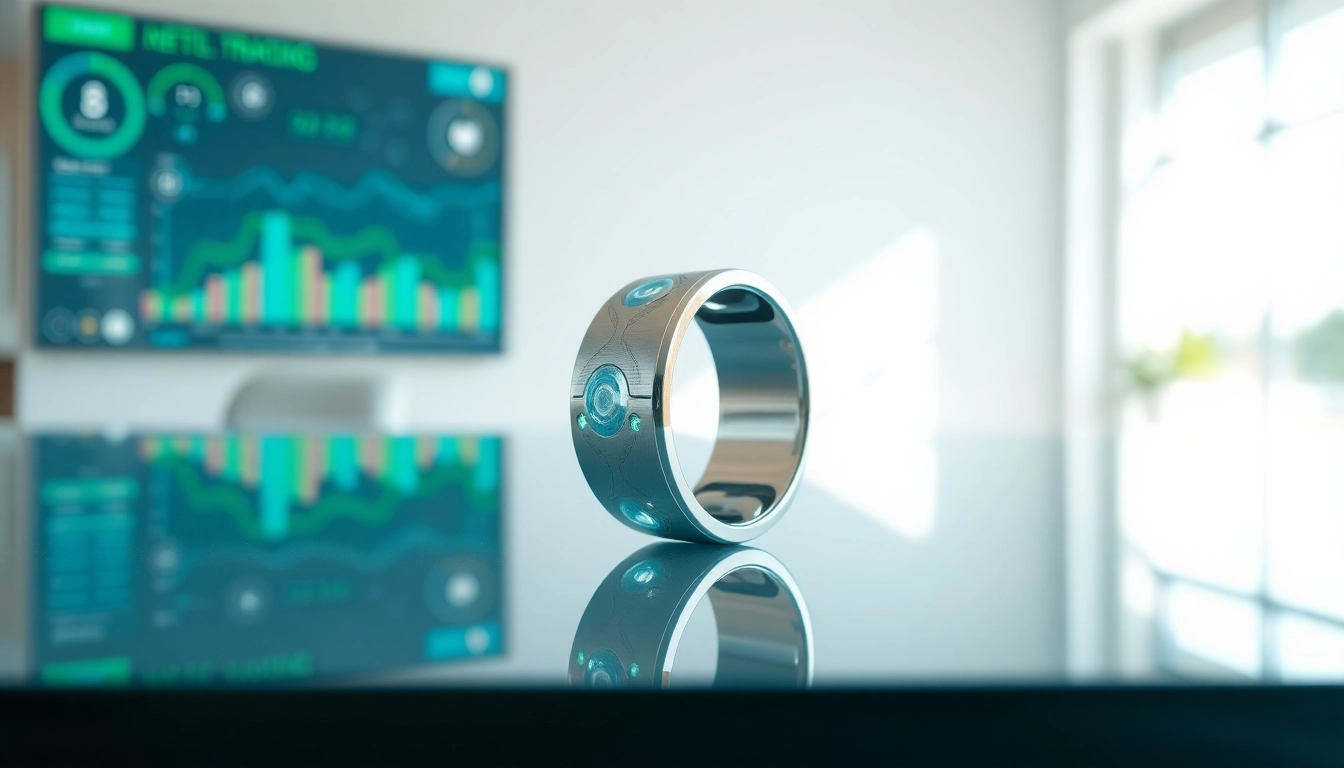 Showcasing a Smart Health Ring on a reflective surface, illustrating its advanced features.
