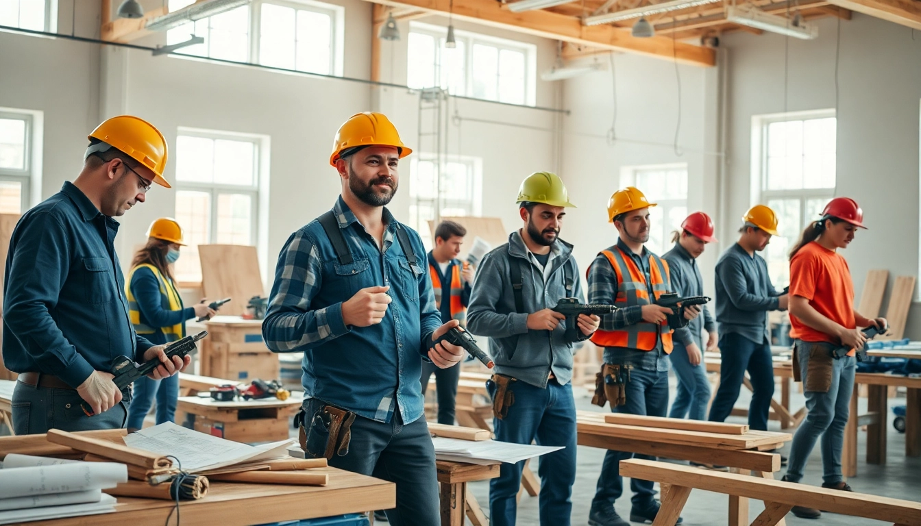 Construction training programs engaging workers with tools in a bright workshop filled with safety gear.
