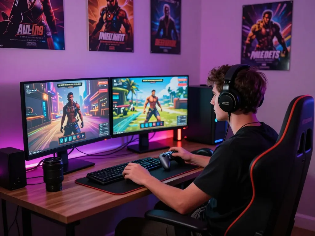 Player enjoying immersive AI porn games at a gaming desk, surrounded by vibrant gameplay and accessories.
