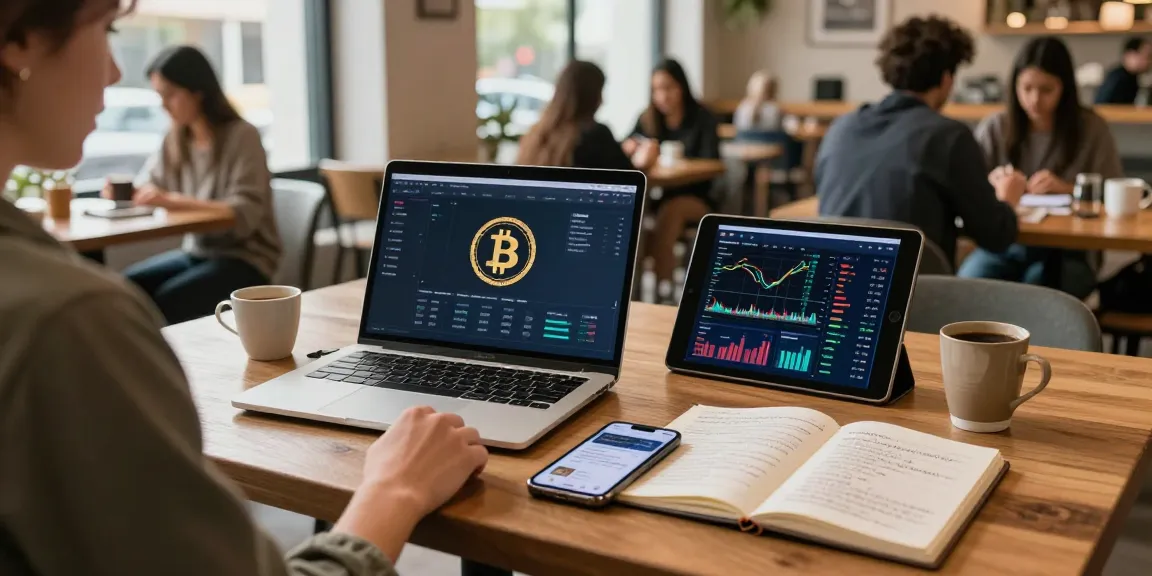 Bitcoin cloud mining setup in a vibrant coffee shop with crypto trading tools.