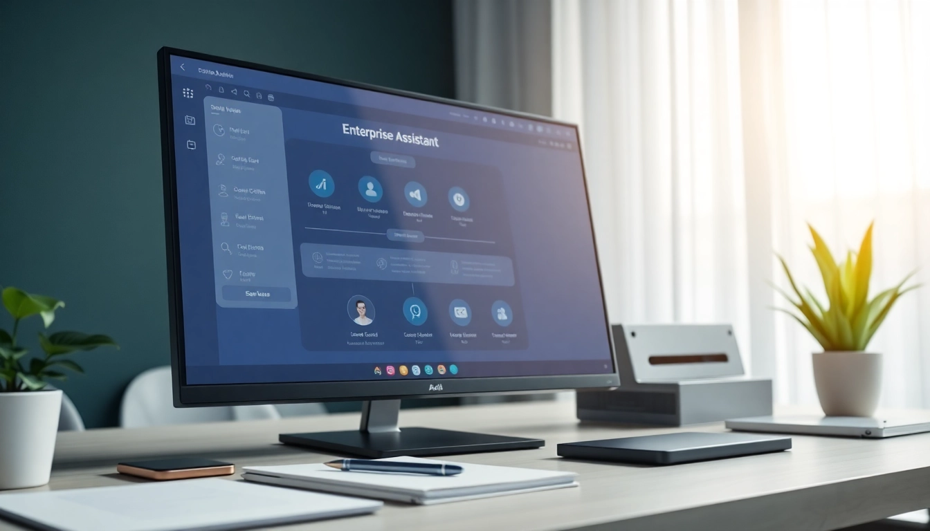Showcasing enterprise assistant software on a modern workstation, highlighting its user interface.
