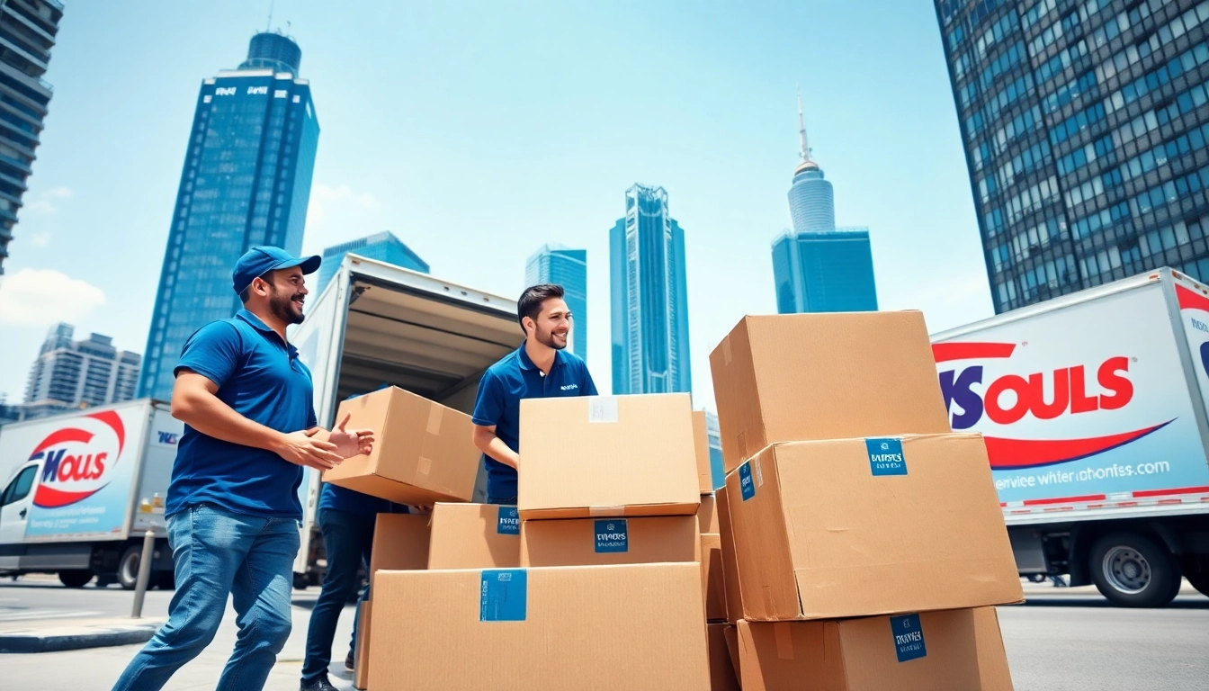 Toronto movers efficiently unloading boxes in a vibrant urban setting, showcasing teamwork and professionalism.