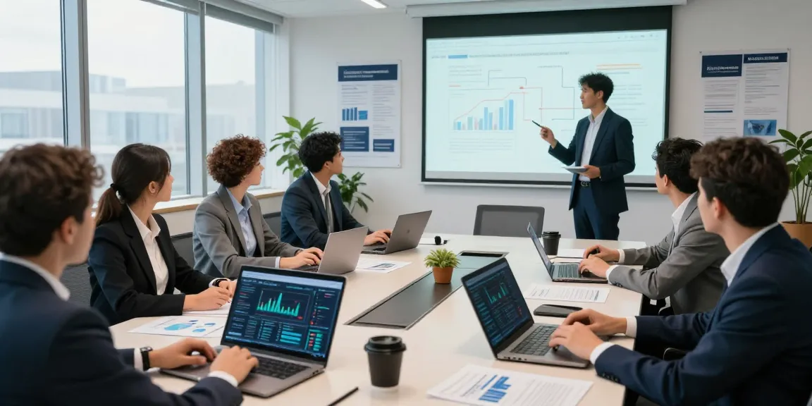 Business professionals discussing financial crime intelligence strategies in a collaborative conference room.