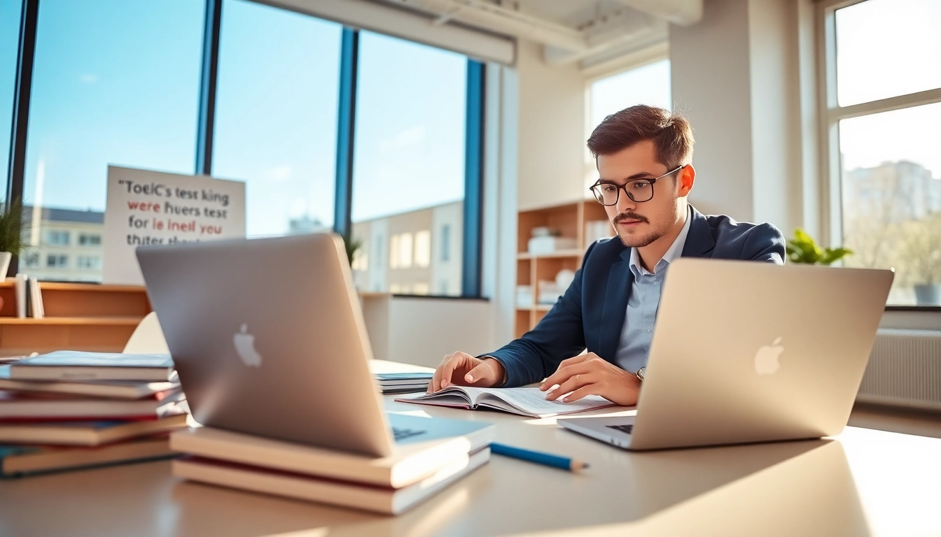 Engaged TOEIC test takers for hire studying in a bright modern office setting.