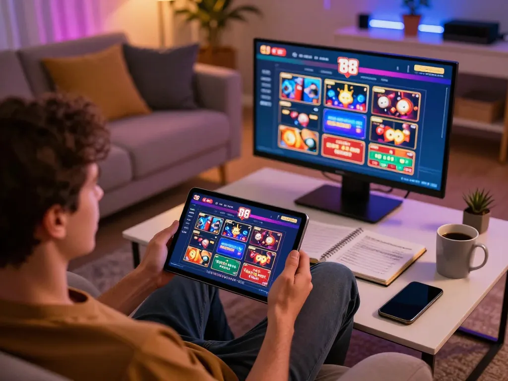 Player engaging with the tg 88 app on a tablet in a cozy home setting, showcasing online gambling