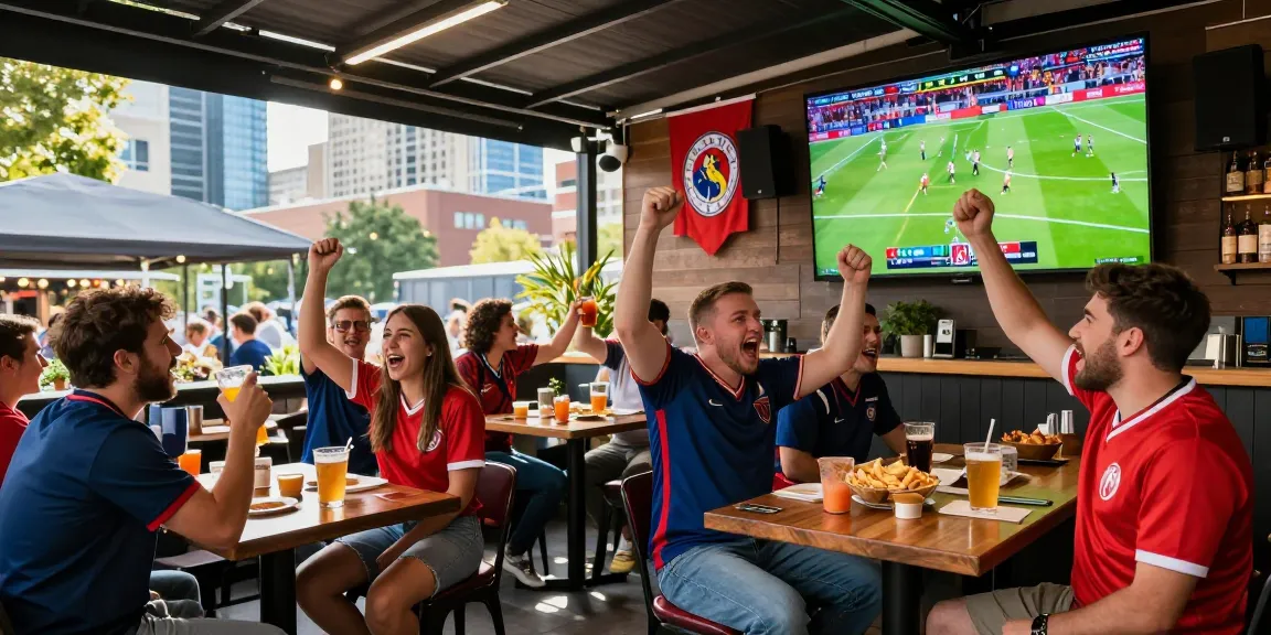 Penggemar streaming bola di bar luar ruangan saat pertandingan, merayakan dan bersorak dengan suasana ceria.