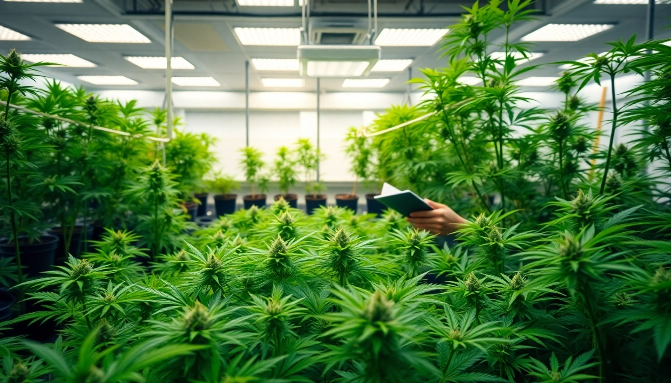 Mitglieder der bluetenbande inspizieren ihre hochwertigen Cannabispflanzen in einem modernen Anbau.