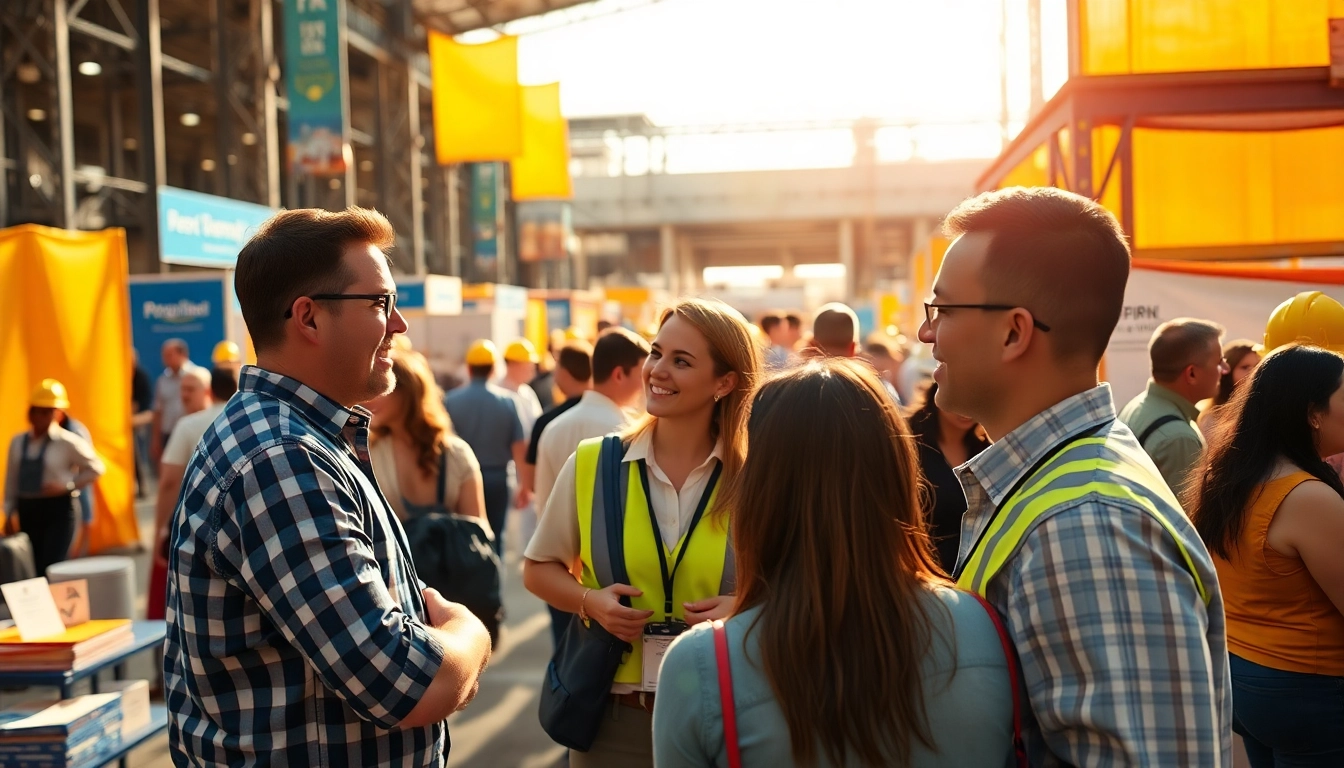 Participants networking at vibrant construction events, showcasing booths and engagement.