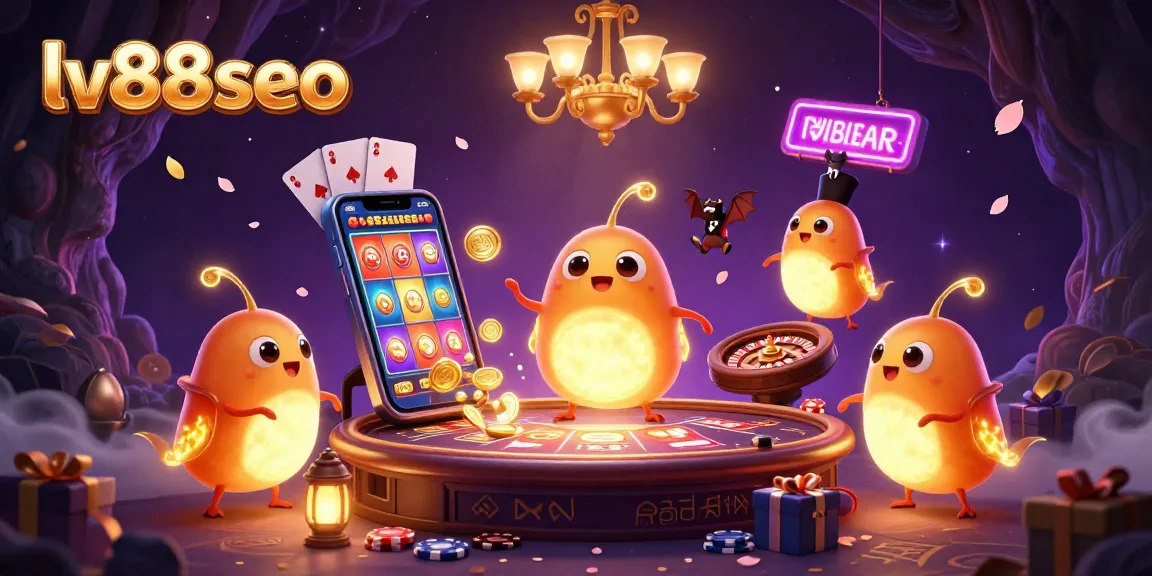 Engage with lv88seo's vibrant cave casino, illuminated by glowworms, featuring dynamic slot gameplay elements and a bat dealer.