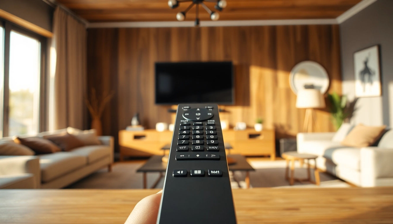 Benutzen Sie die Telefunken Fernbedienung D39 in einem modernen Wohnzimmer mit einem großen Fernseher.
