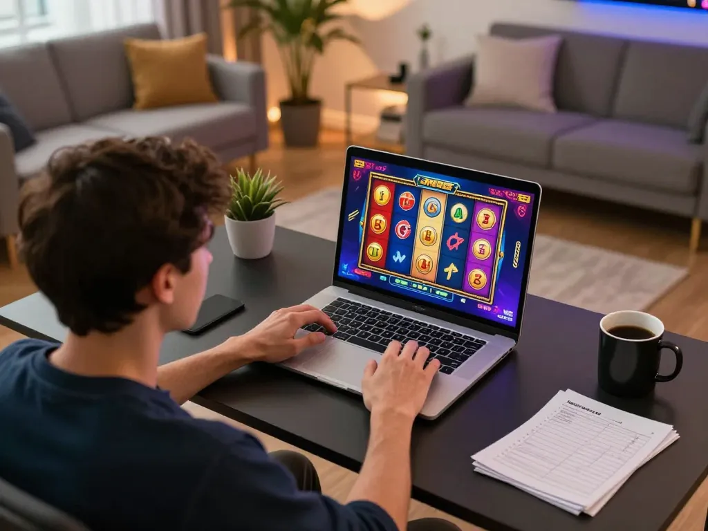 Player spinning the slot reels in an engaging online gaming setup at home