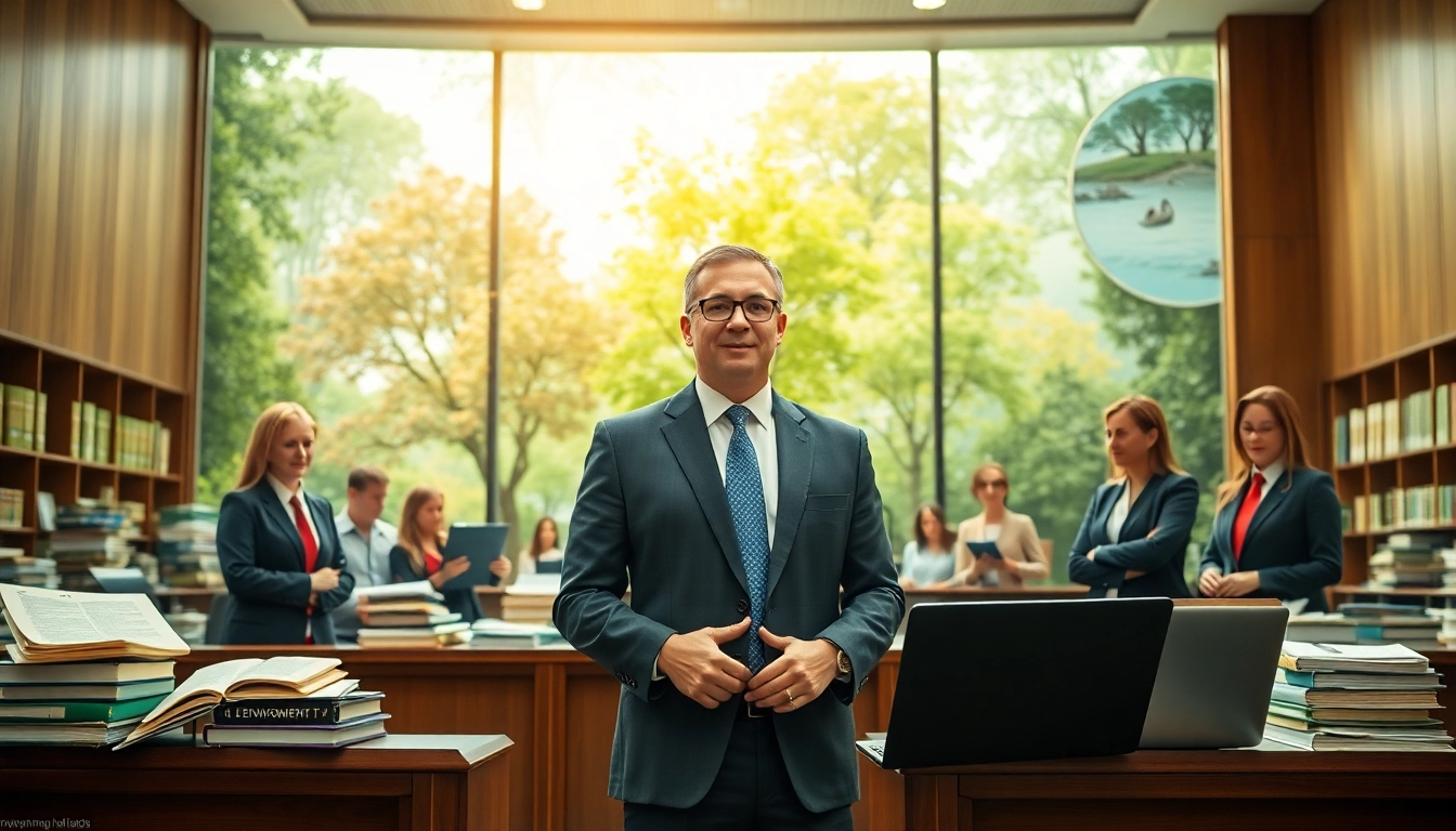 Environmental lawyer engaging with clients in a vibrant courtroom setting with legal documents.