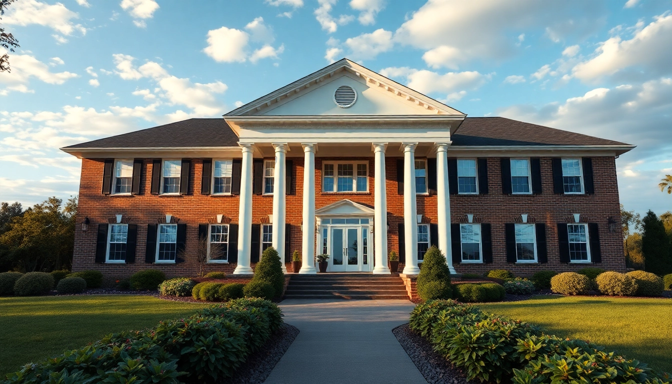 Visualize a colonial home build with grand columns and lush gardens, showcasing classic architecture.