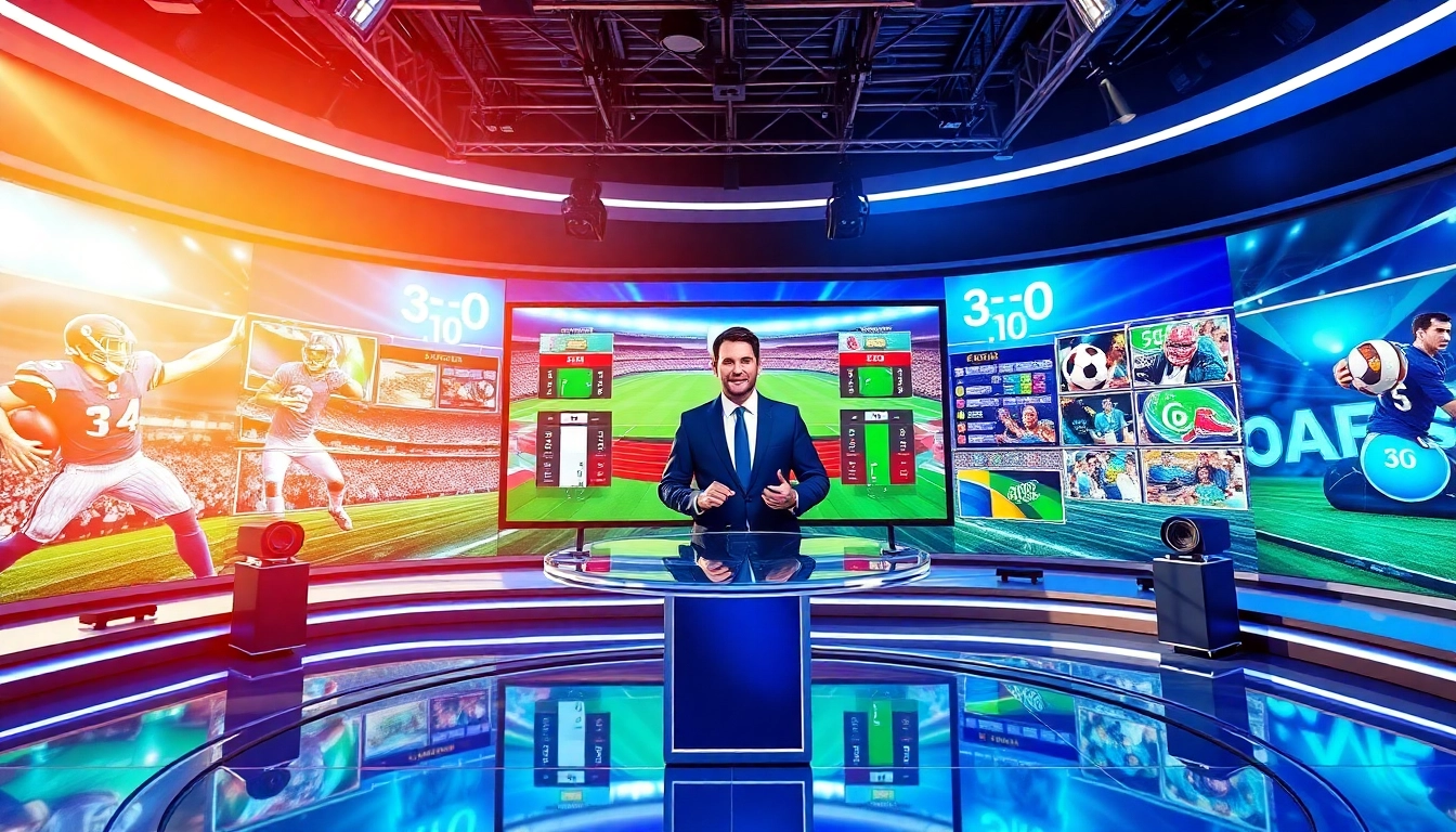 Presenter engaging in Sports Broadcasting at a modern studio with vibrant graphics.