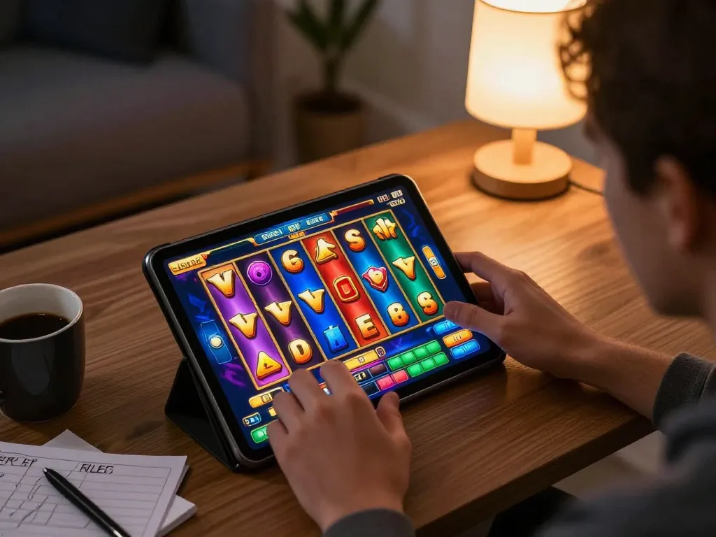 Engaging in judi slot gameplay on a tablet in a cozy home setting, showcasing lively graphics and win potential.