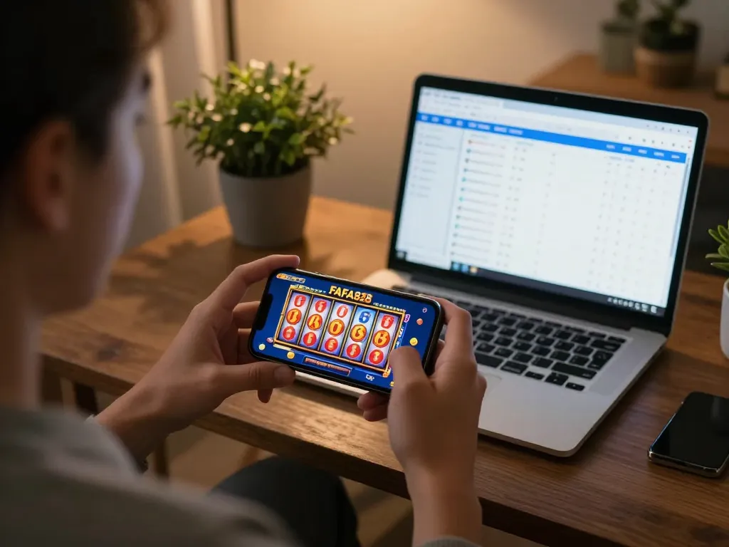Player engaged in slot gaming on FAFA828 mobile app, showcasing strategic approach in a cozy home setting.