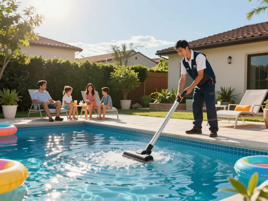 Dolphin Pool Services technician performing pool cleaning for a family in a bright, inviting backyard setting.