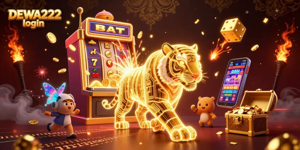 Play and win with DEWA222 login at a vibrant digital casino featuring a golden tiger.